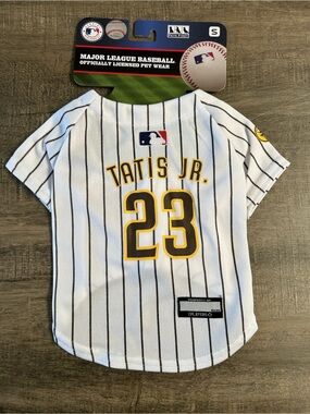MLB Tatis Jr. White Pinstripe Pet Jersey with Yellow Black Accents